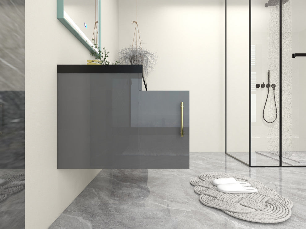 Rosa 36" Wall Mounted Modern Vanity, High Gloss Gray, Matt Black Top
