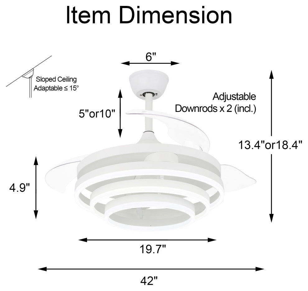 45W Modern Retractable Ceiling Fan Reversible 6-Speed with Remote Control, White, 42