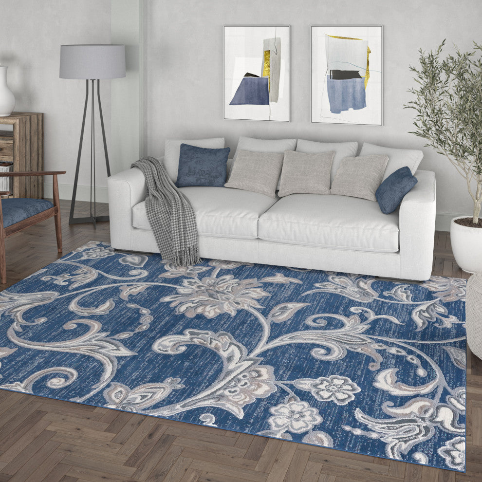Garland Transitional Floral Navy Rectangle Area Rug, 7.6'x10'