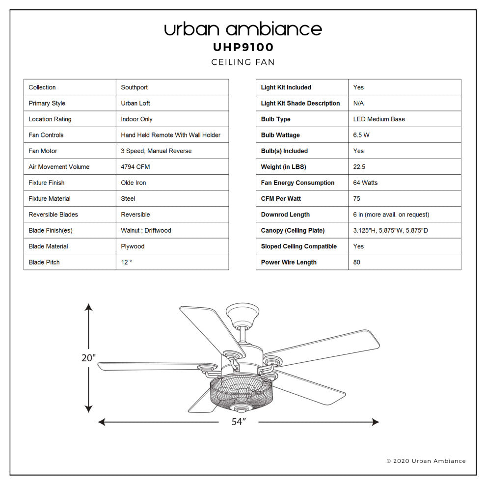Luxury Vintage Ceiling Fan, Olde Iron, UHP9100, Southport Collection