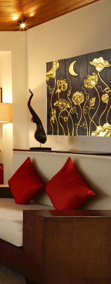 Asian Gold Wood Carved Lotus Flower and Moon Relief Wall Art Panels. 36"