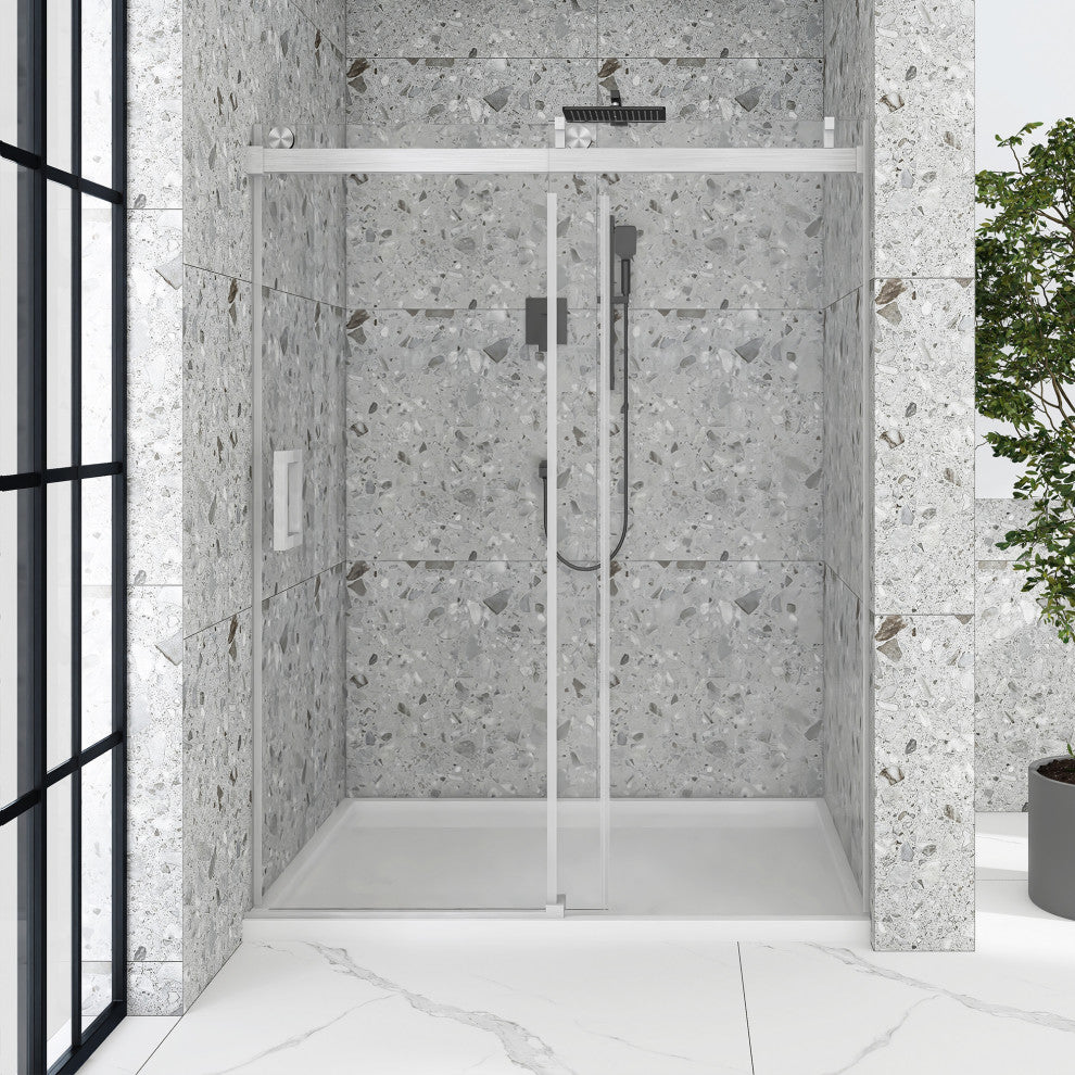 60" W x 76" H Single Sliding Frameless Shower Door, Buffer, Brushed Nickel