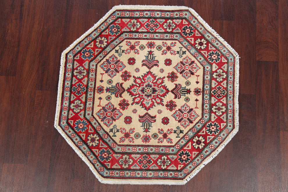 Kazak Oriental Pakistani Traditional Hand Made Area Rug, Beige, 3'3"x3'4