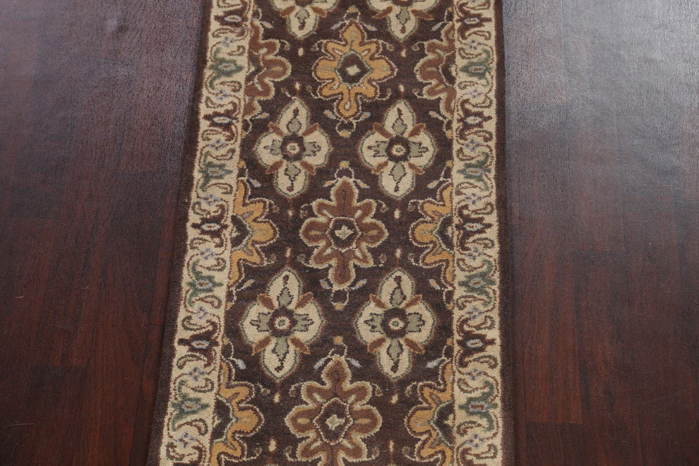 Floral Brown Traditional Oriental Runner Rug Hand-tufted Wool Carpet 3x19