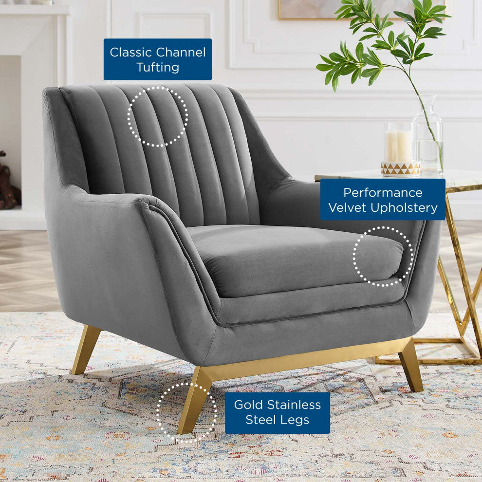 Tufted Armchair Accent Chair, Velvet, Gray, Modern, Lounge Hospitality