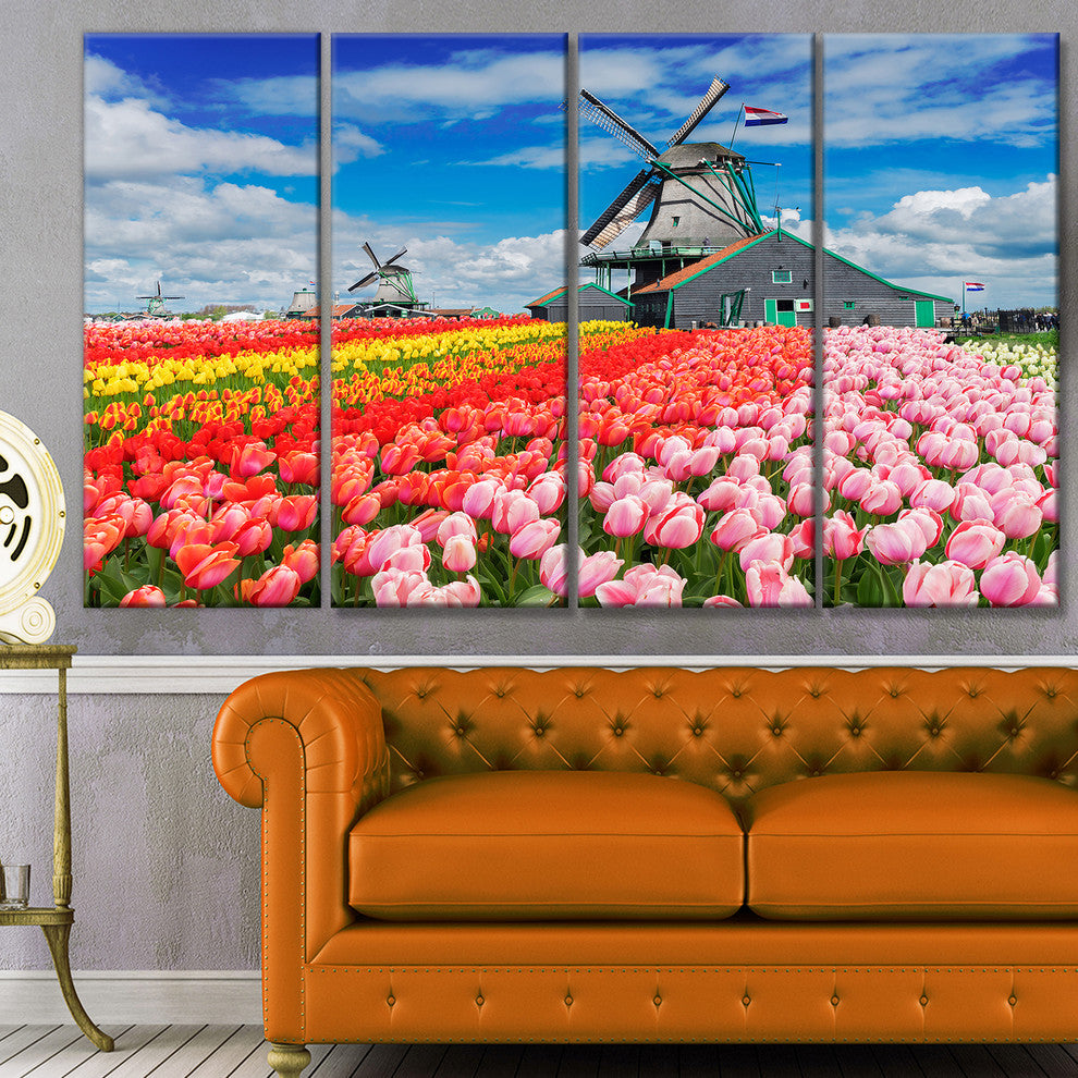Dutch Windmills and Garden, Abstract Canvas Wall Art, 48"x28", 4 Panels
