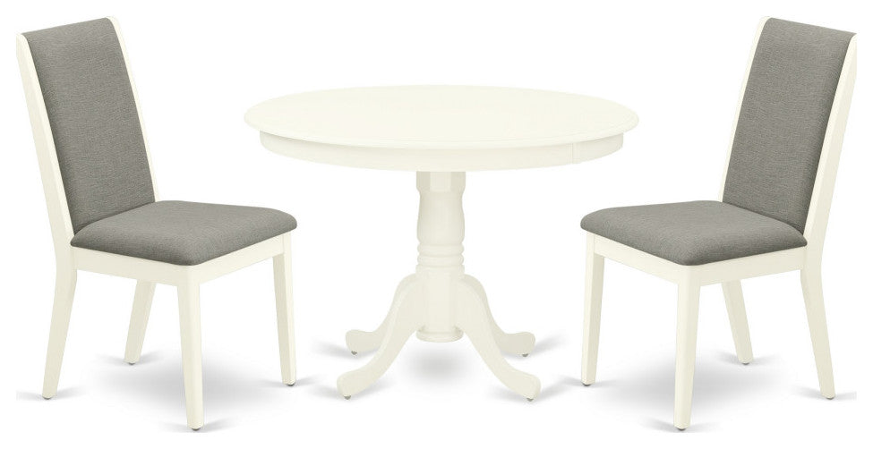 3Pc Round Kitchen Set, Round Table, 2 Chairs, Shitake Chairs Seat, Linen White