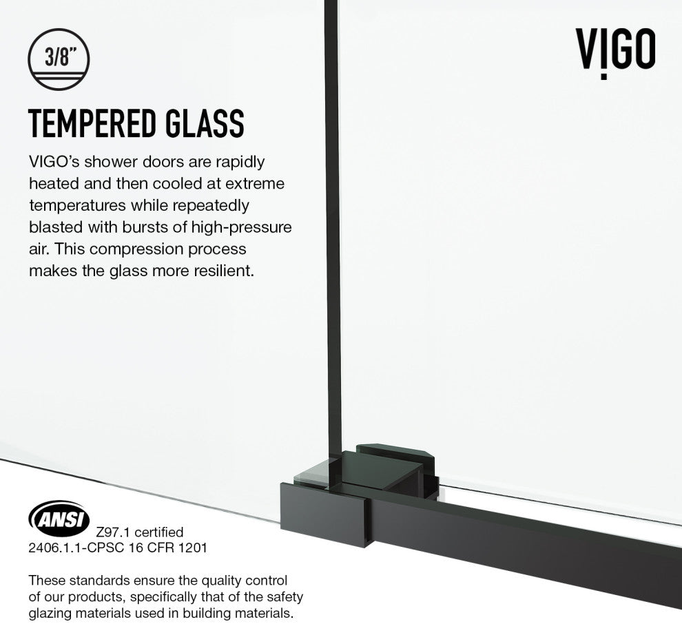 VIGO Elan Cass Aerodynamic 56" to 60" W x 76" H Frameless Sliding Shower Door, Matte Black, Clear Glass