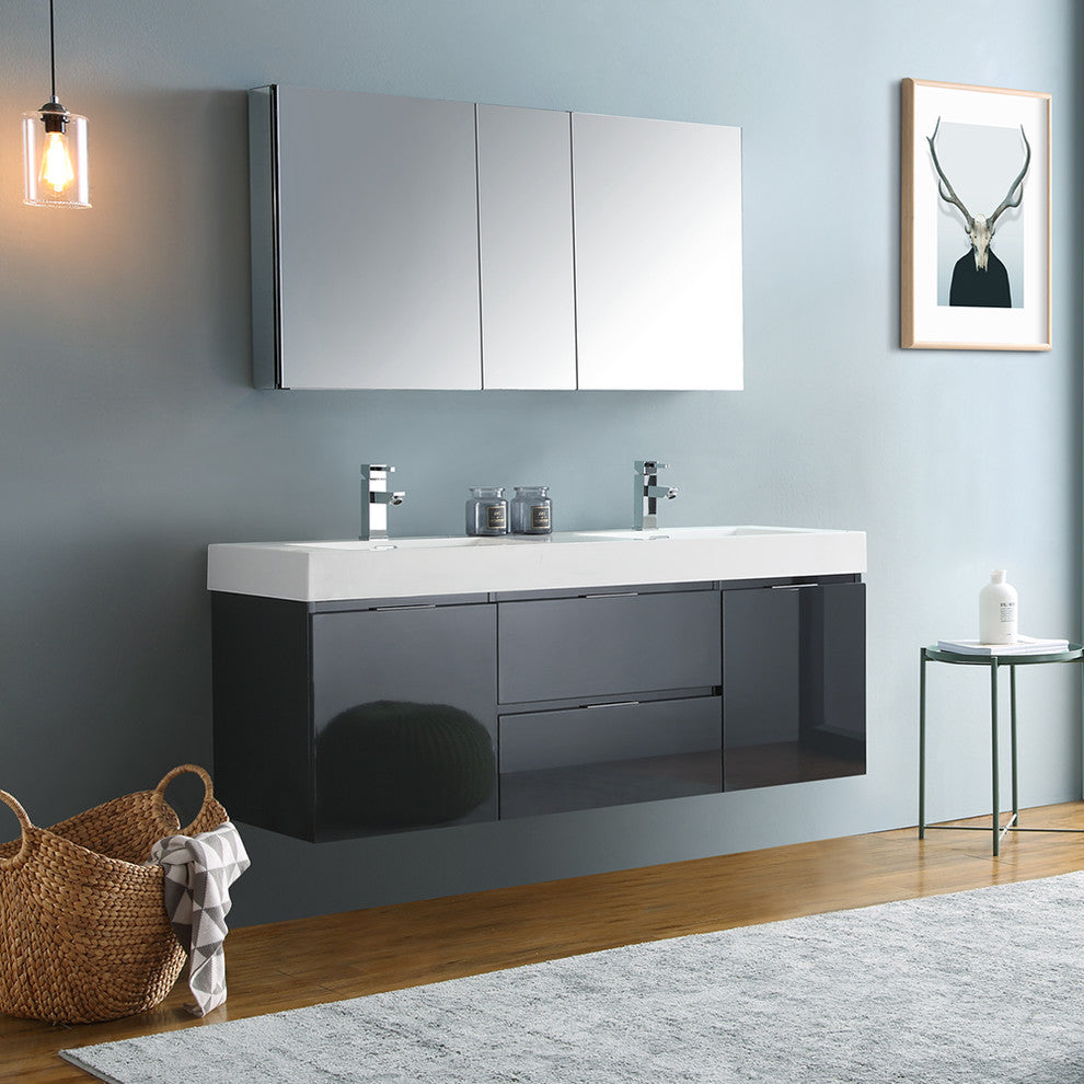 Valencia 60" Dark Slate Gray Wall Hung Double Sink Vanity, Faucet FFT1040CH