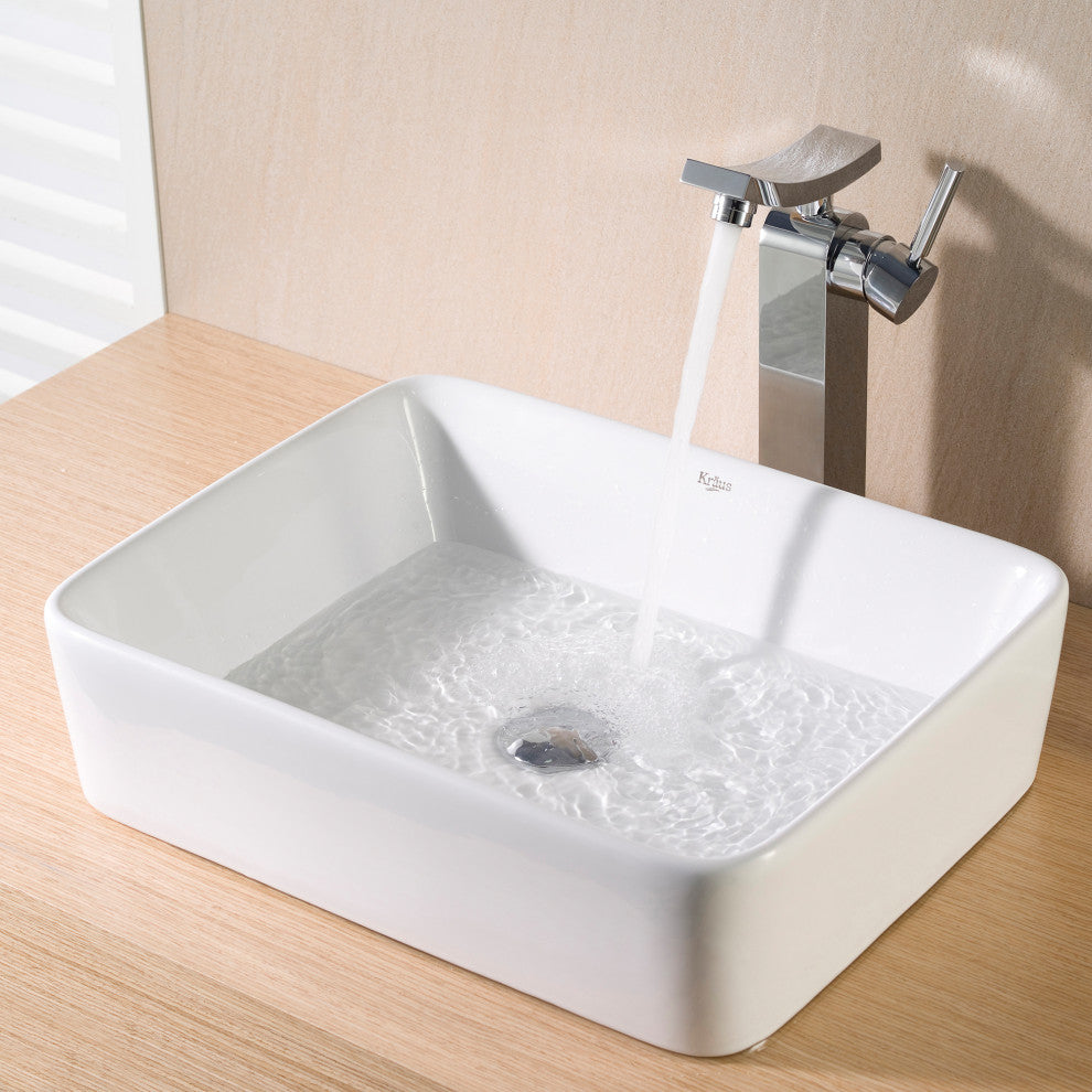 Elavo Ceramic Rectangle Vessel White Sink, PU Drain Chrome
