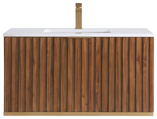 Terra Bathroom Vanity, Walnut/Satin Brass With White Quartz, 36", White Quartz Top