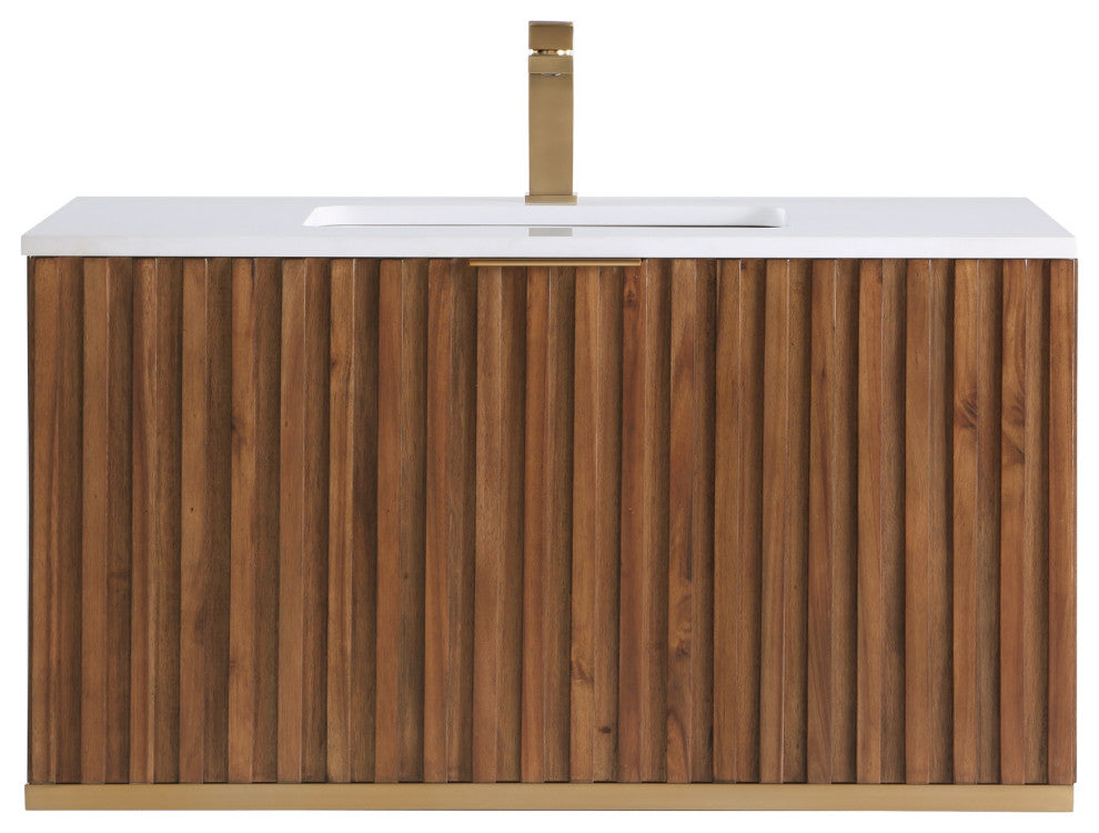 Terra Bathroom Vanity, Walnut/Satin Brass With White Quartz, 36", White Quartz Top