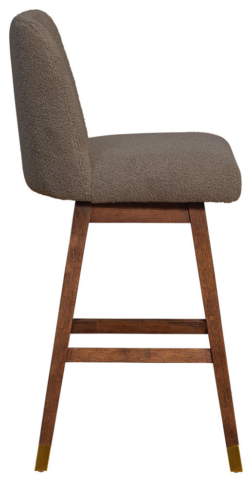 Amalie Swivel Bar Stool in Brown Oak Wood Finish with Taupe Boucle Fabric