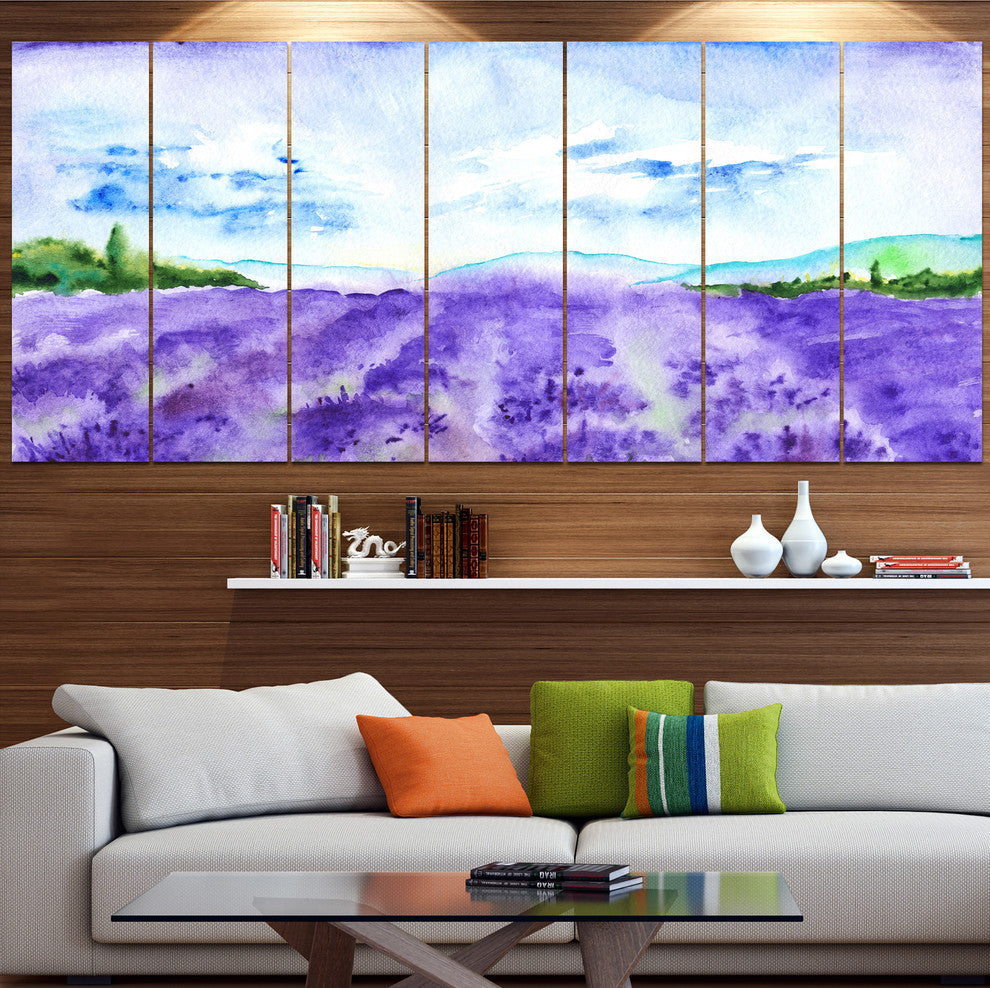 Blue Lavender Fields Watercolor, Landscape Canvas Art Print, 83"x32", 7 Panels