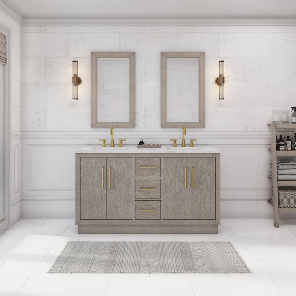 60 Double Sink White Marble Vanity, Gray Oak With Gooseneck Faucets and Mirrors