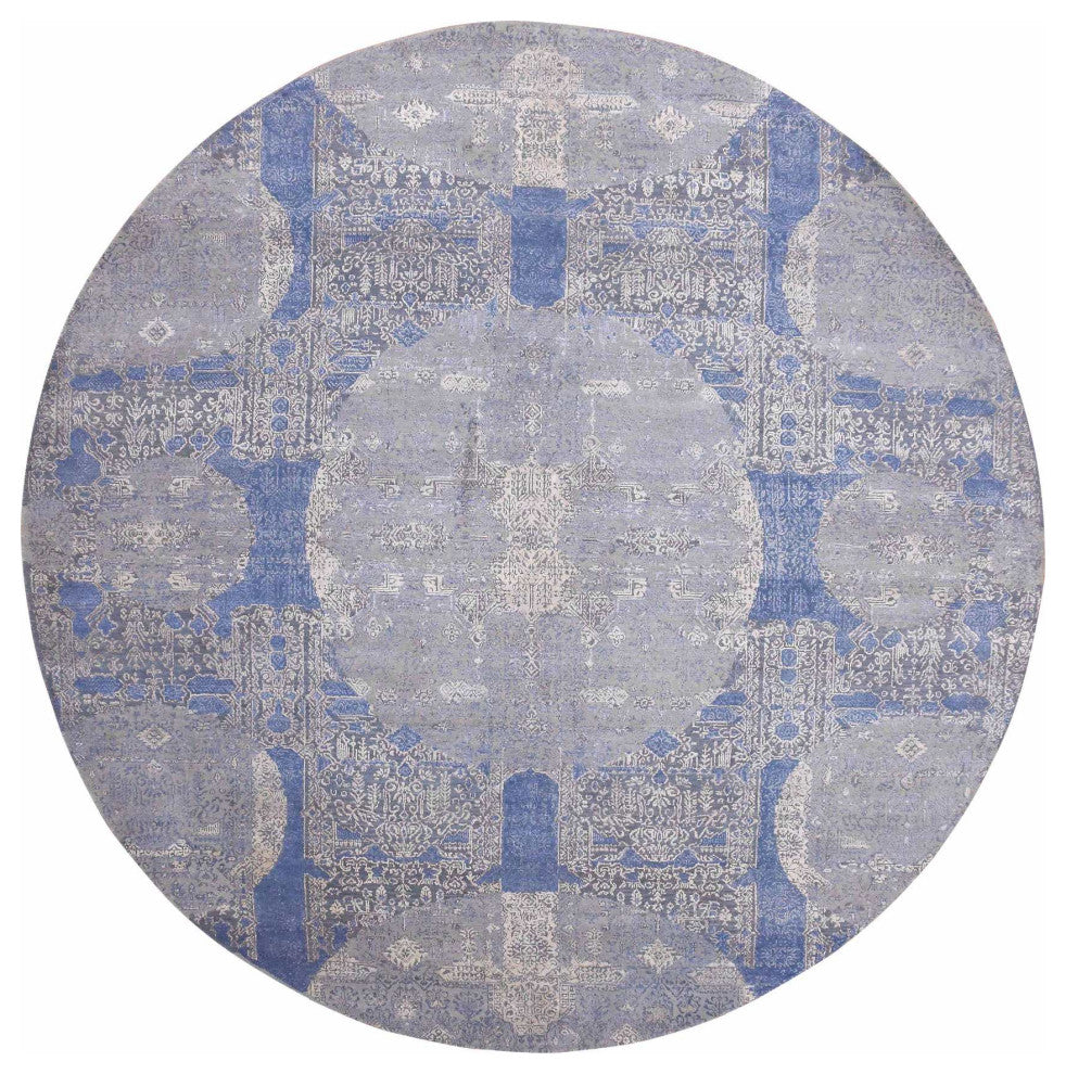 Blue Wool and Silk Jewellery Design Hand Knotted Oriental Round Rug, 10'0"x10'1"
