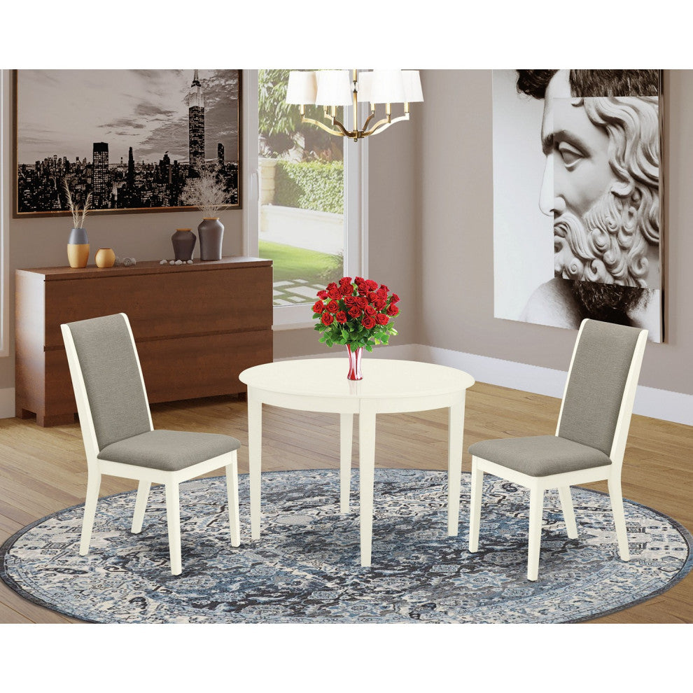 3Pc Dining Set, Round Wood Table, 2 Chairs, Shitake Chairs Seat, Linen White