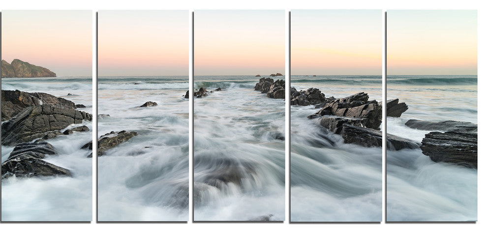 "Waves Hitting Beach At Sunrise Atlantic" Seascape Wall Art, 5 Panels, 60"x28"