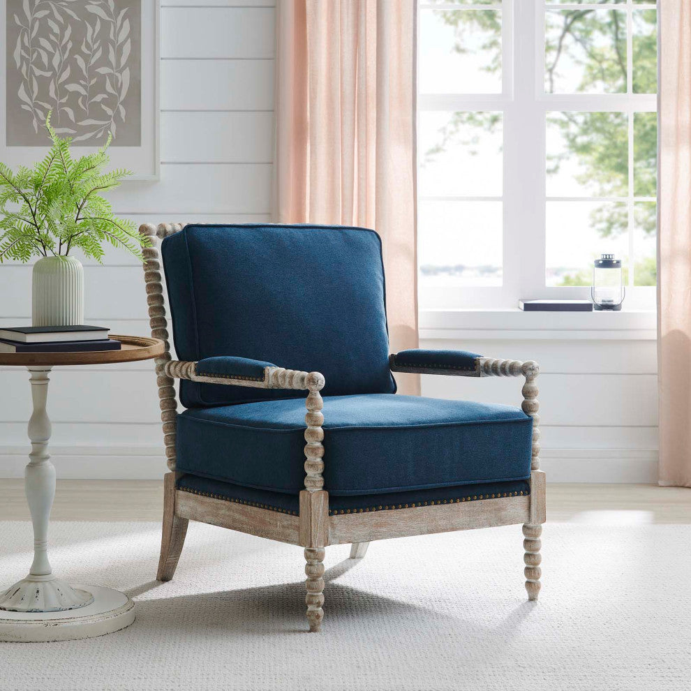 Armchair Accent Chair, Nailhead, Blue Navy Natural, Fabric, Modern, Hospitality