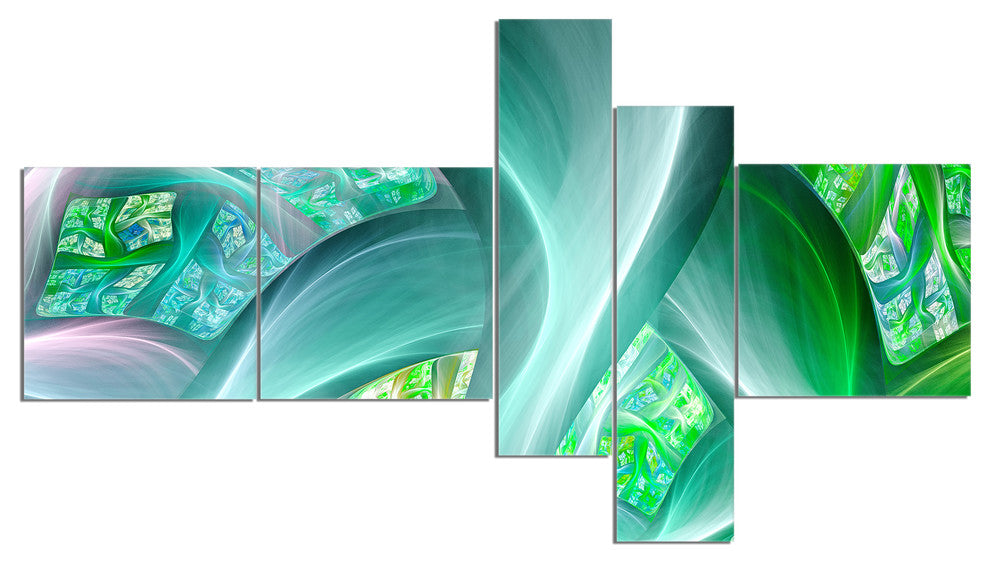 Green Fractal Exotic Plant Stems, Abstract Wall Art Canvas, 60"x32", 5 panels