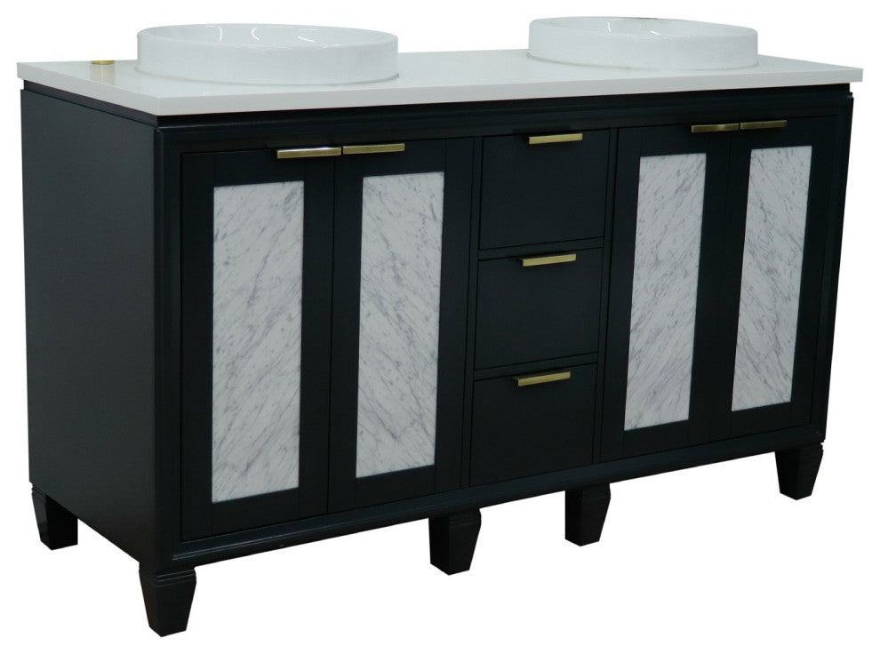 61" Double Sink Vanity, Dark Gray Finish With Engineered Stone Top, Round Sink