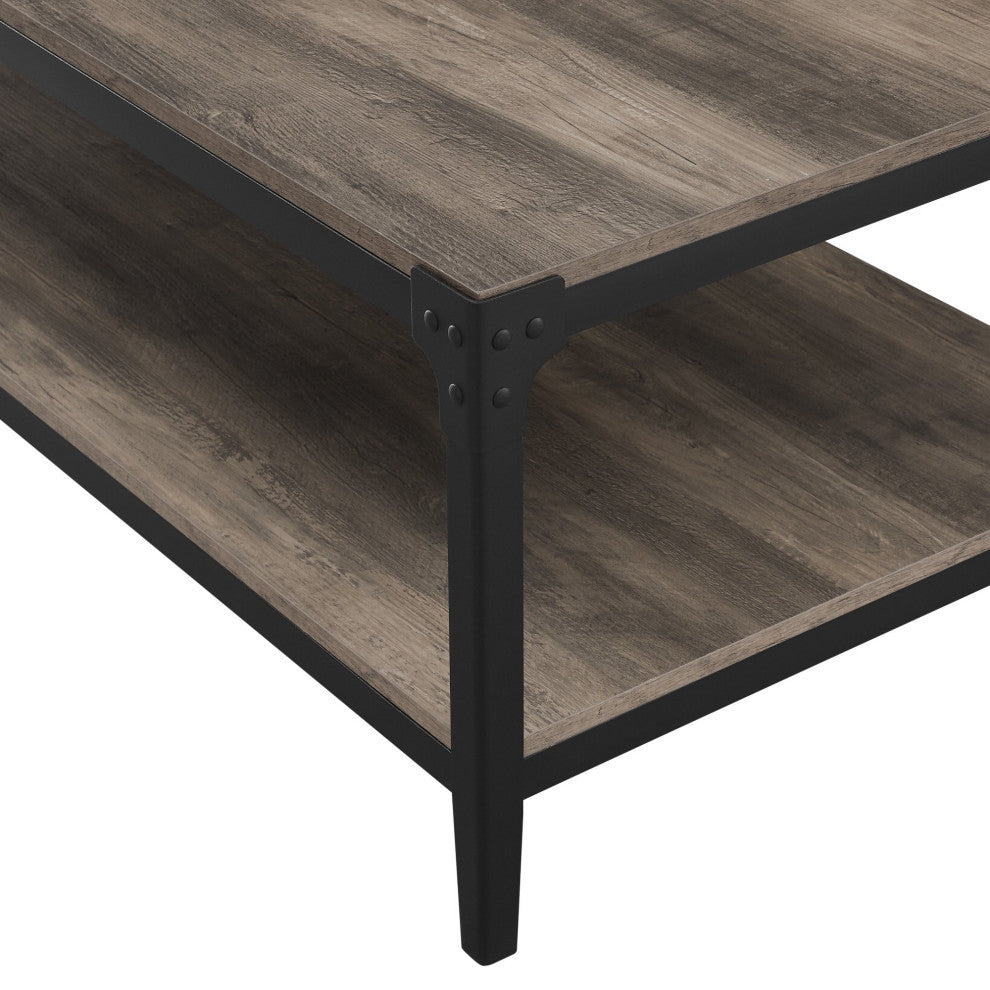 Rustic Coffee Table, Metal Frame With Large Top & Open Shelf, Reclaimed Barnwood