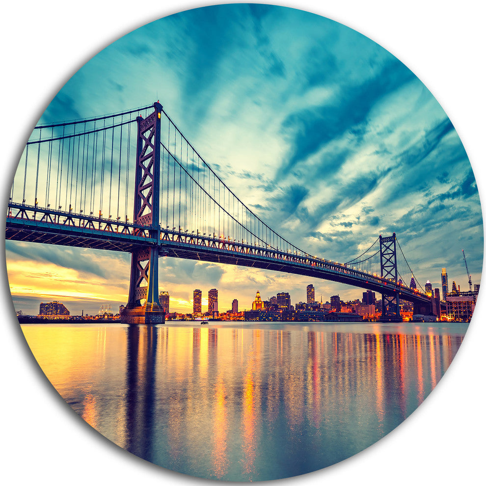 Ben Franklin Bridge In Philadelphia, Cityscape Disc Metal Wall Art, 23"