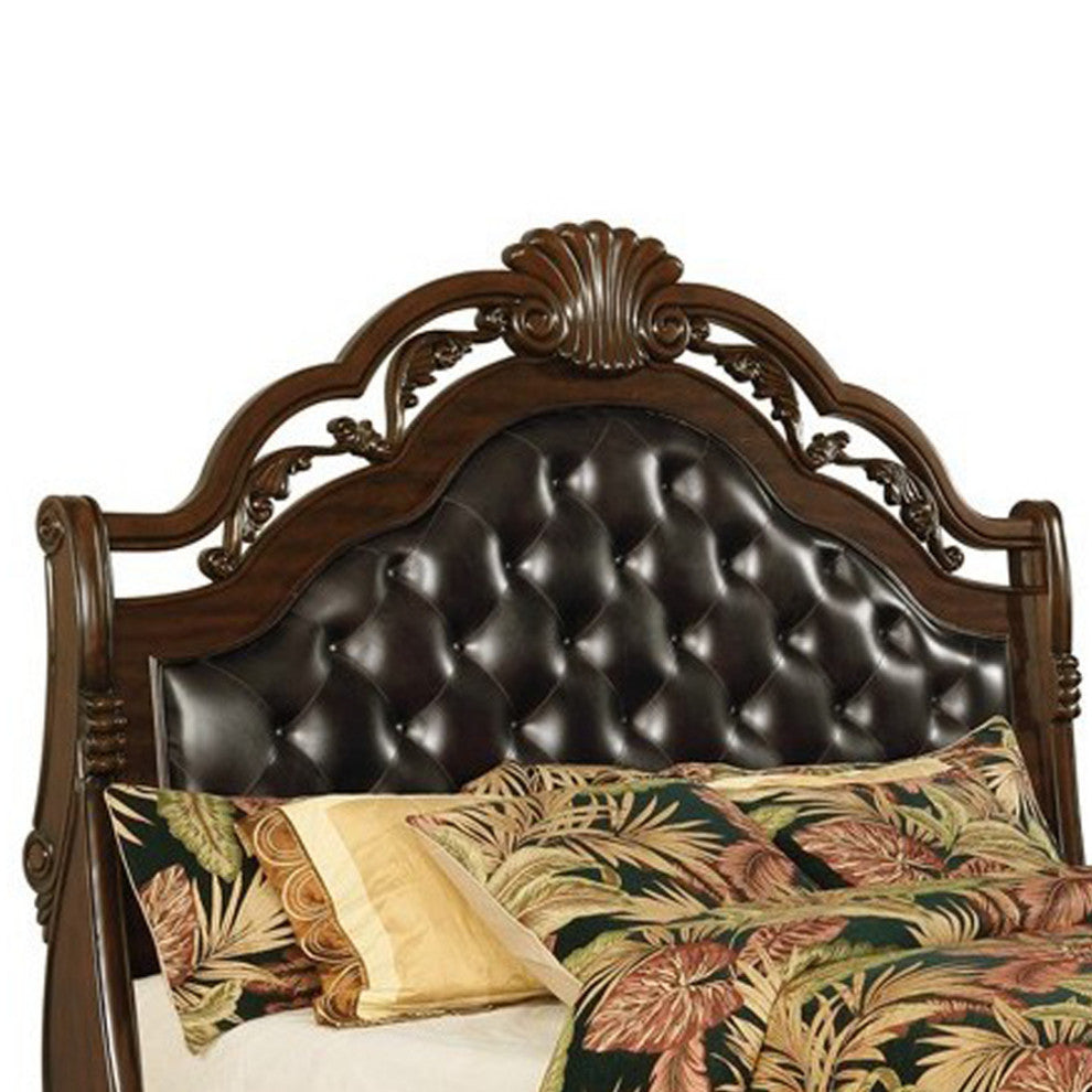 Benzara BM215818 Sleigh California King Bed With Open Carved Crown Top, Brown