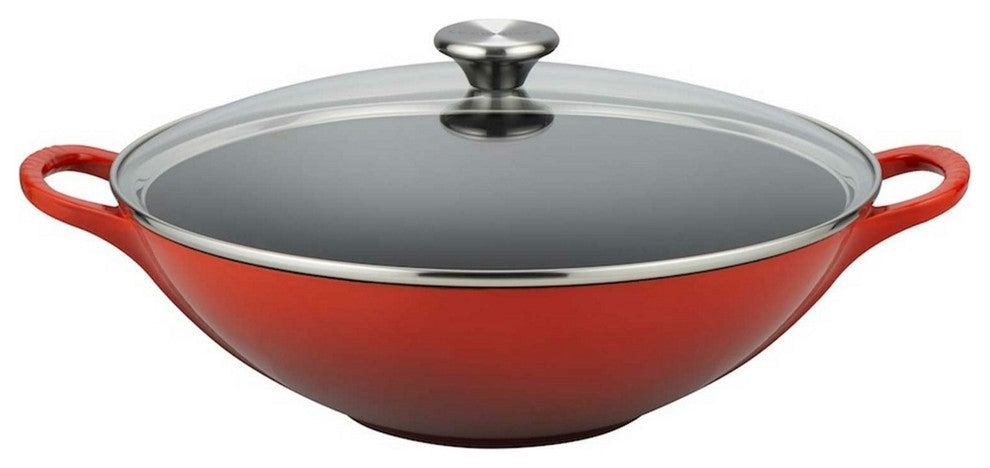 Le Creuset Cast Iron Wok and Glass Lid, 32 cm, Cerise