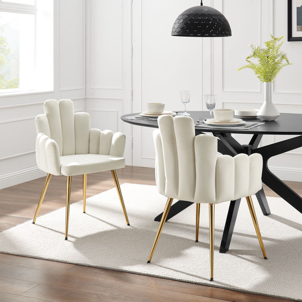 Dining Chair, Set of 2, White Gold, Velvet, Modern Cafe Bistro Hospitality
