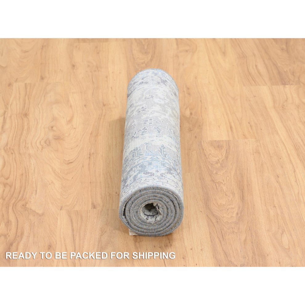 Gray, Hand Knotted Broken Kashan Design, Wool With Silk, Runner Rug, 2'6"x6'1"
