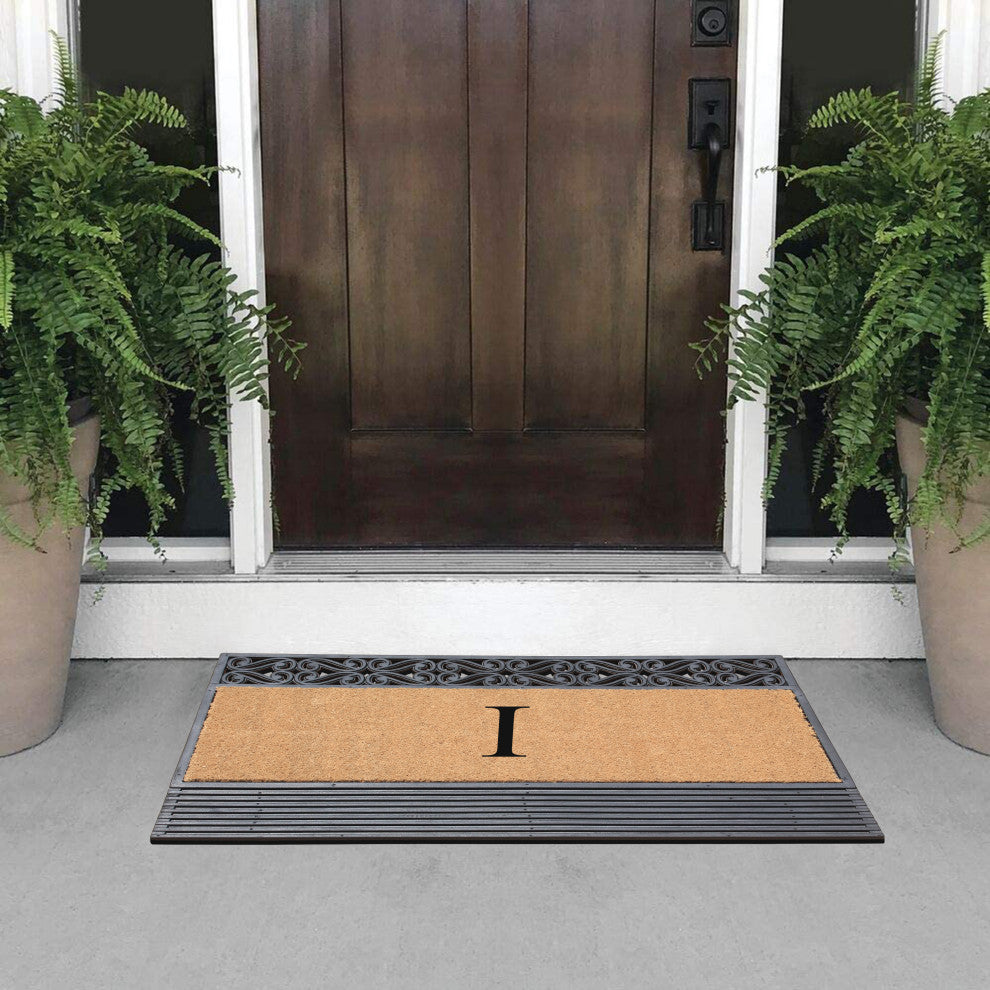 Rosewood Black/Beige 24"x36" Rubber And Coir Monogrammed Doormat, I