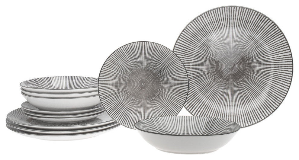 Laura Porcelain 12 Piece Dinnerware Set, Grey