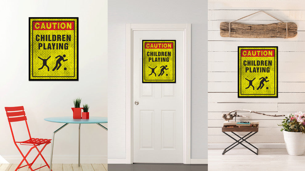 Caution Children Playing Caution Sign, Canvas, Picture Frame, 28"X37"
