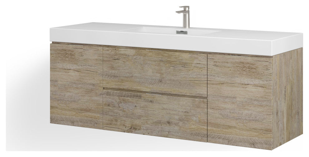 Boutique Bath Vanity, Natural Wood, 60", Single Sink, Wall Mount