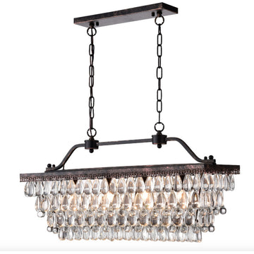 4-Light Antique Bronze Rectangular Crystal Chandelier Dining Room Fixture Glam