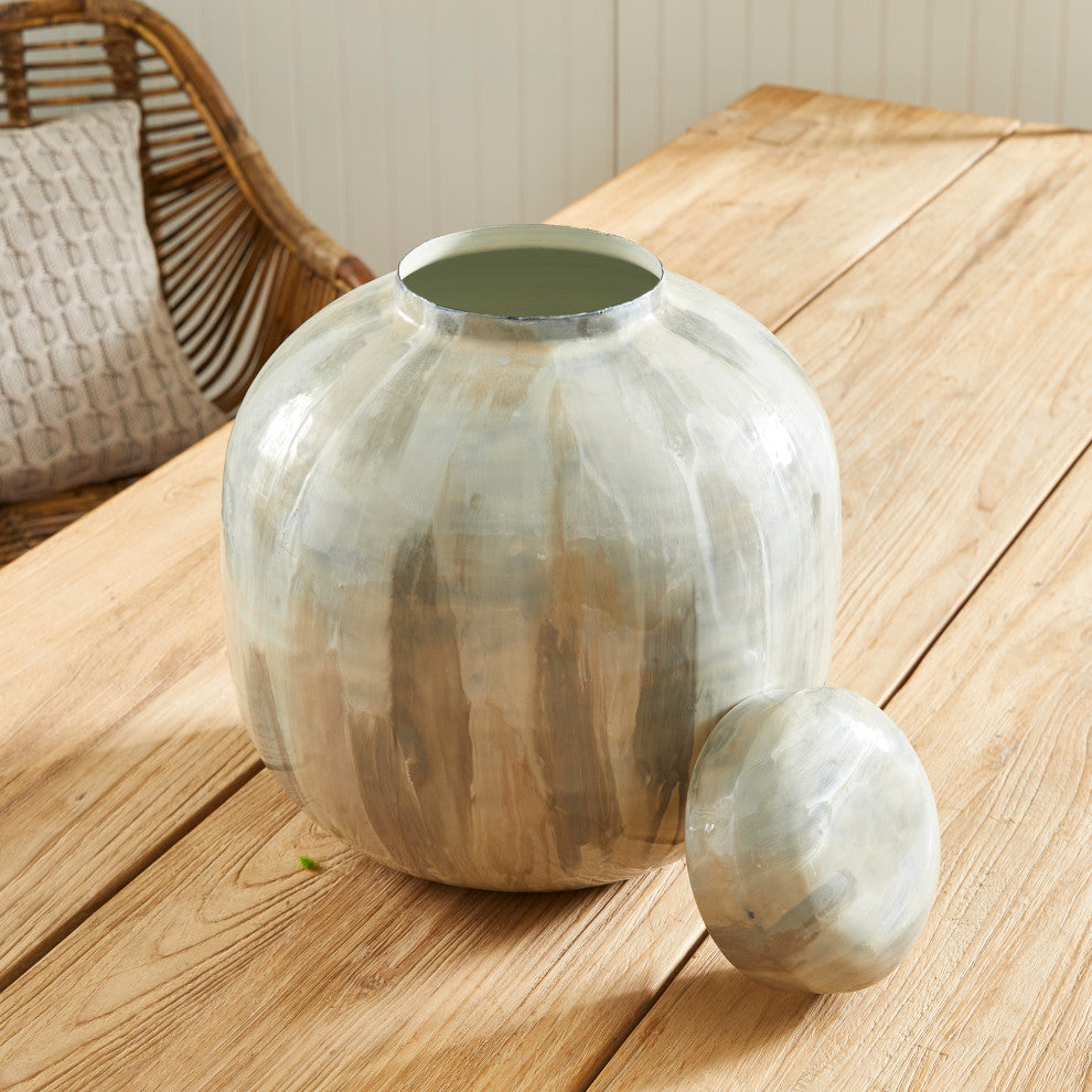 Elegant Enamel Metal Earth Tones Glossy Decorative Jar Cream Pearl White Modern