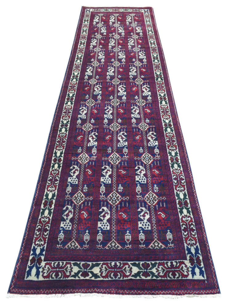 Red Afghan Khamyab Soft and Velvety Wool Hand Knotted Wide Runner Rug, 3'x12'5"