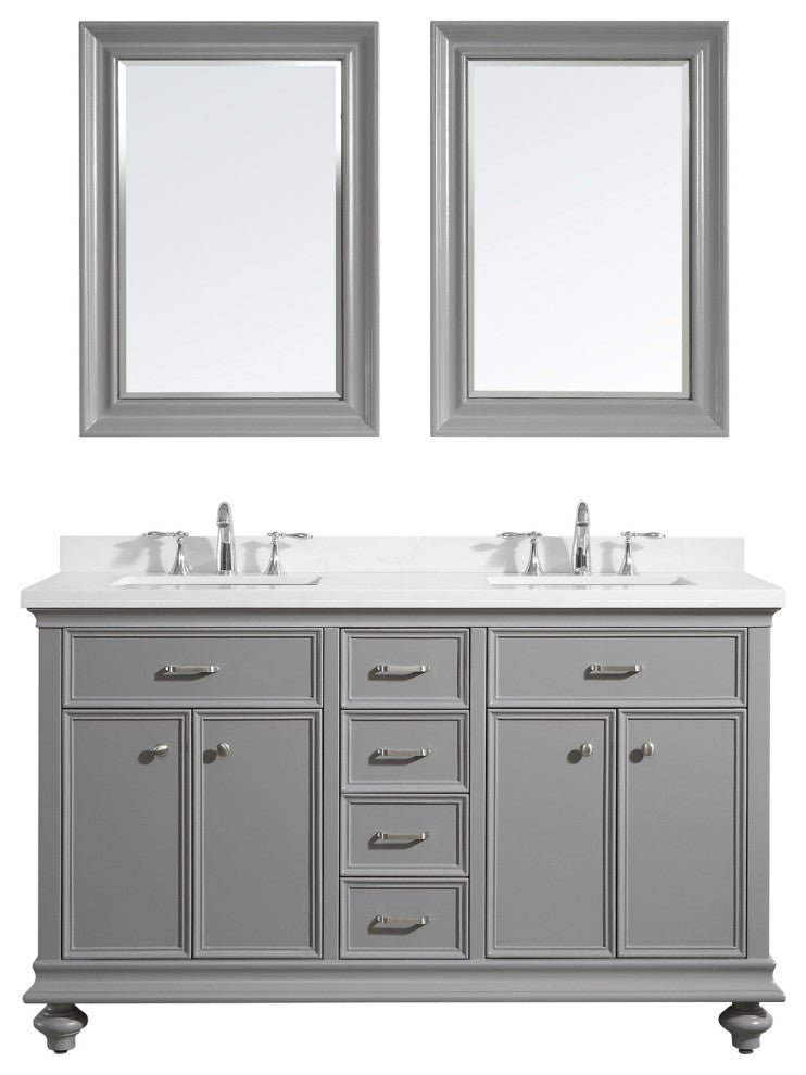 Charlotte 60" Double Vanity in Grey with Carrara Quartz Stone Top With Mirror