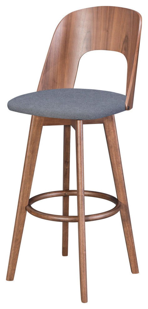 Bar Stool Chair Barstool, Set of 2, Fabric, Wood, Walnut, Gray, Cafe