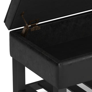 Cosmopolitan Storage Ottoman Bench With Open Bottom, Distressed Black Faux Leather