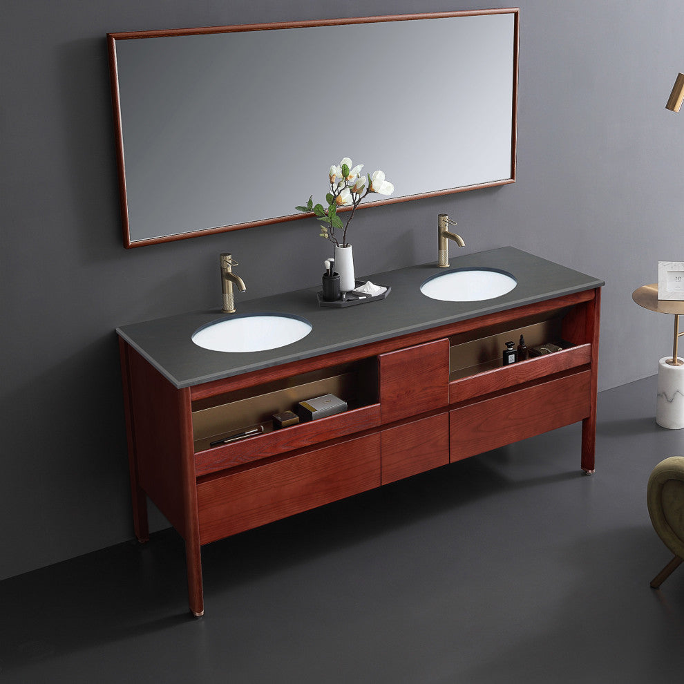 Freestanding Bath Vanity Set with Engineered Stone Top with Mirror, 72''