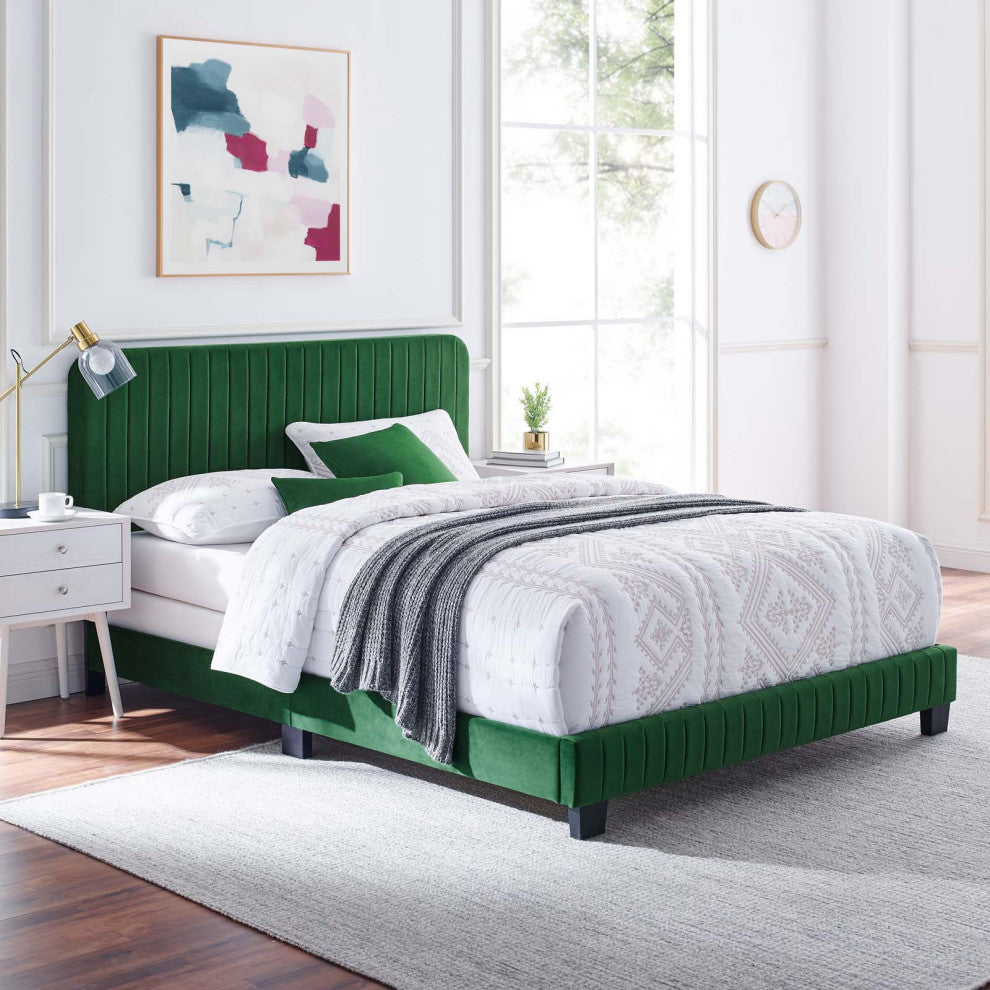 Tufted Platform Bed Frame, Full Size, Velvet, Green, Modern Contemporary