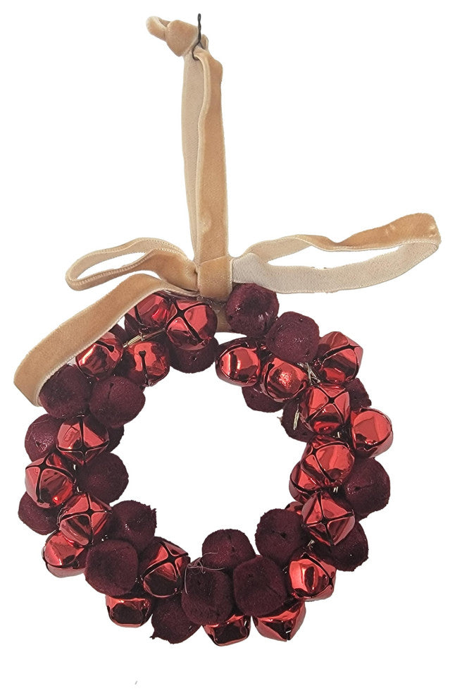 Red Jingle Bell Wreath Ornament Large 4 in Metal Velvet Vintage Antique Style