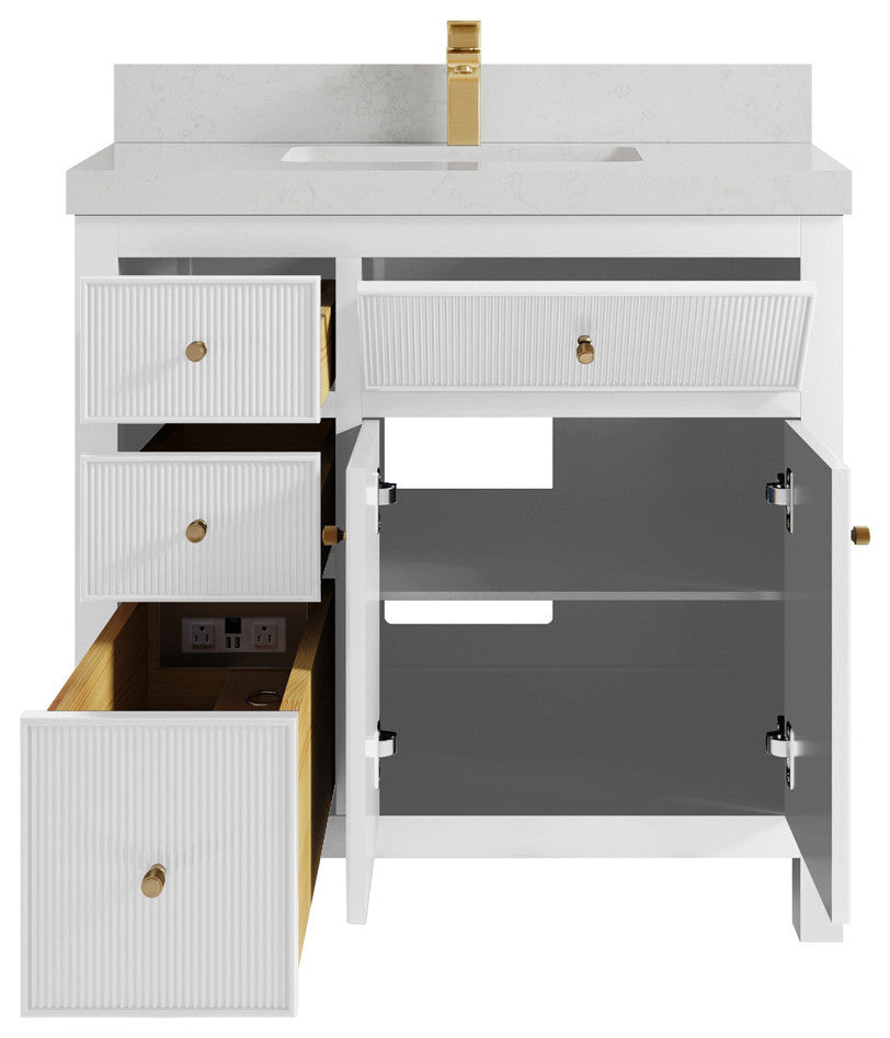 Sonoma 36 Center Sink Reeded Bath Vanity in White 2" Carrara Quartz