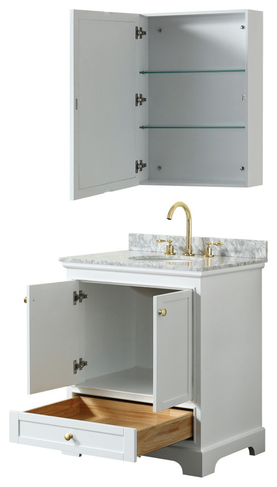 30" Single Bath Vanity White, Carrara Countertop, Sink, Gold Trim, Med. Cabinet