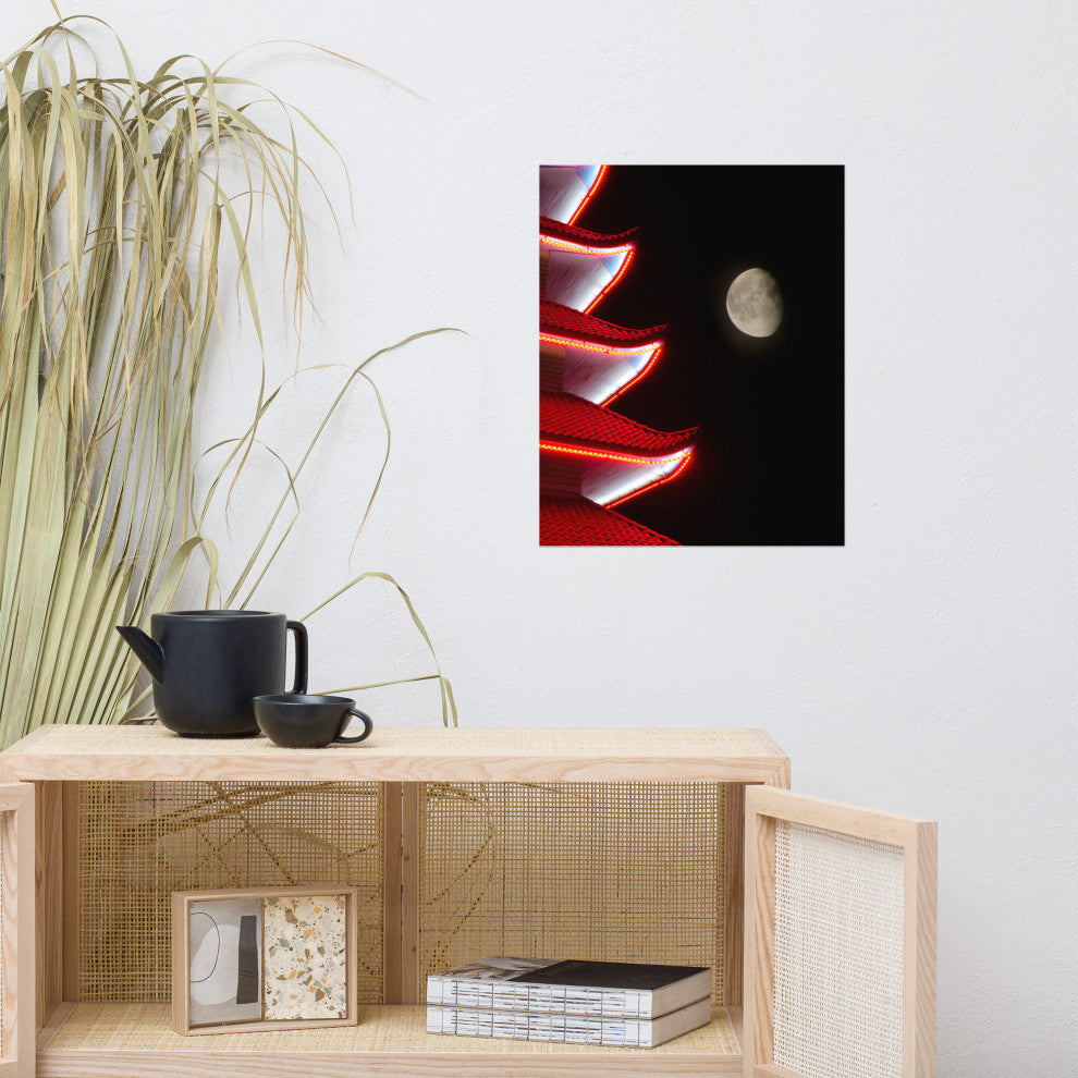 Moon Over Pagoda 1 Night Urban Photograph Unframed Wall Art Print, 16" X 20"