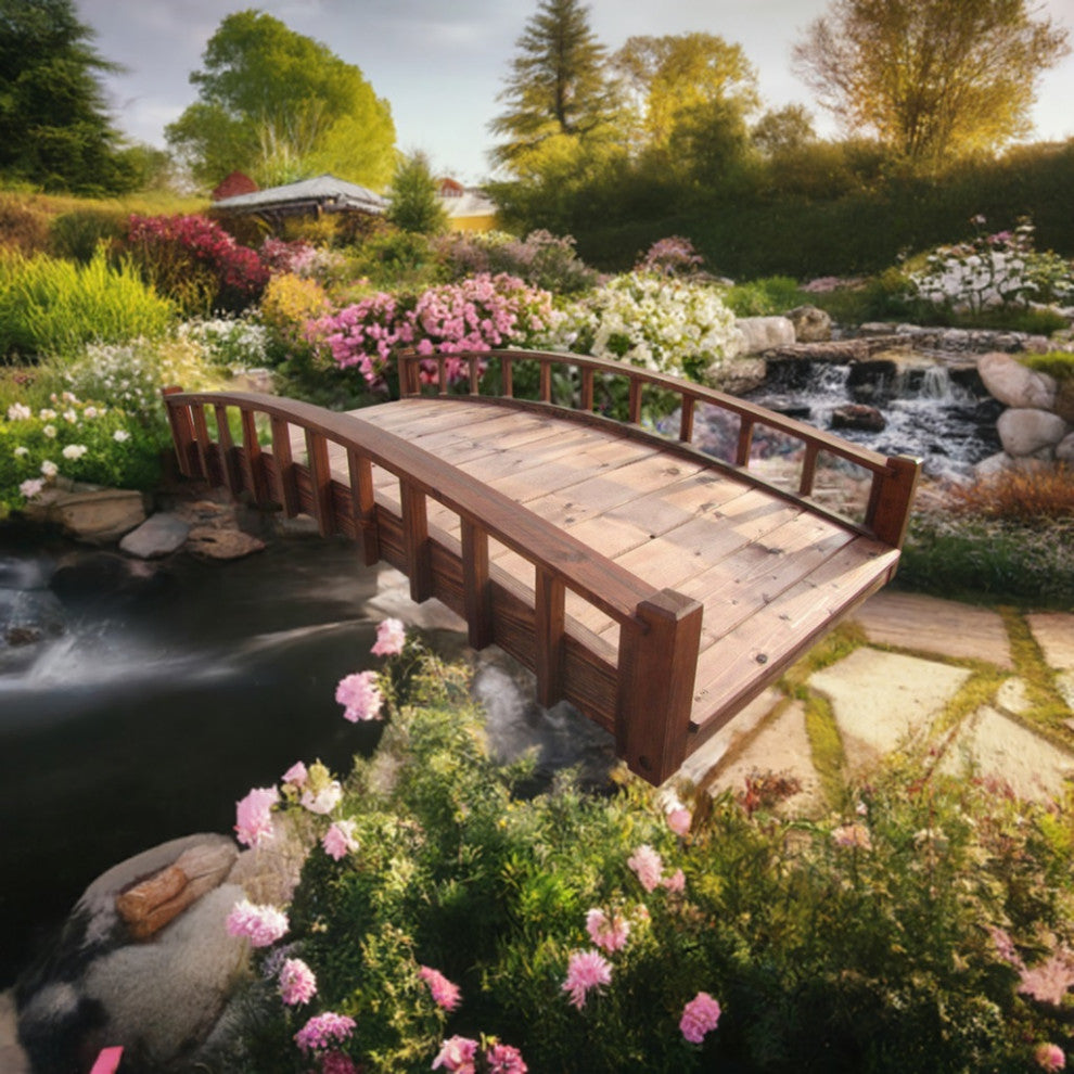 SamsGazebos Japanese Wood Garden Bridge With Arched Railings, 6', Treated