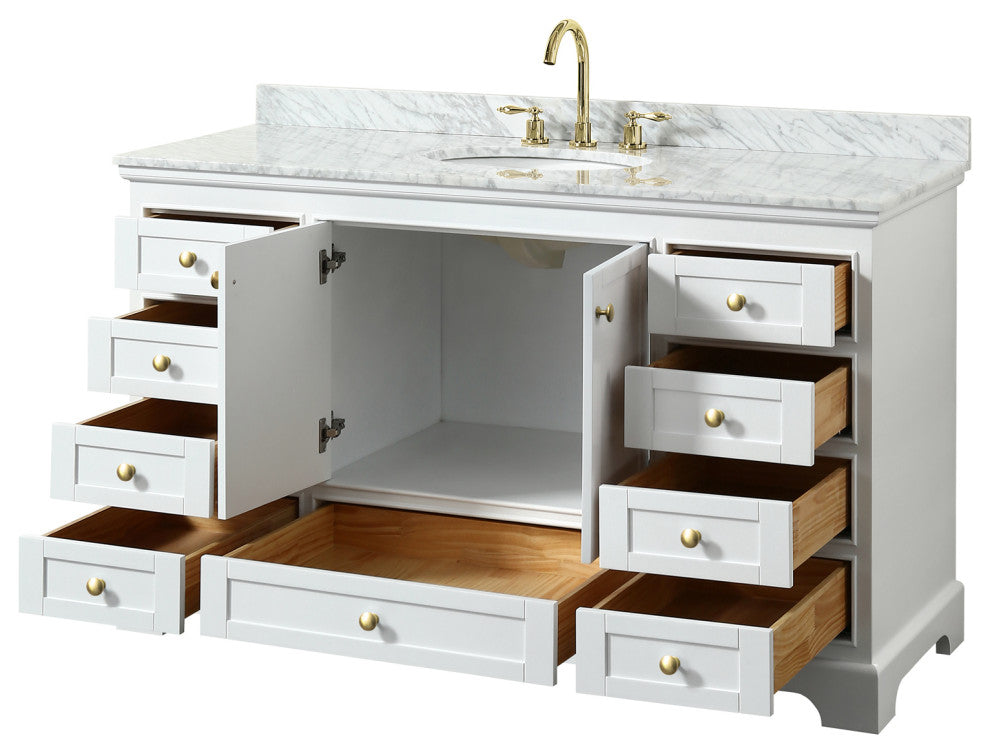 60" Single Bath Vanity, White, White Carrara Countertop, Sink, Gold Trim