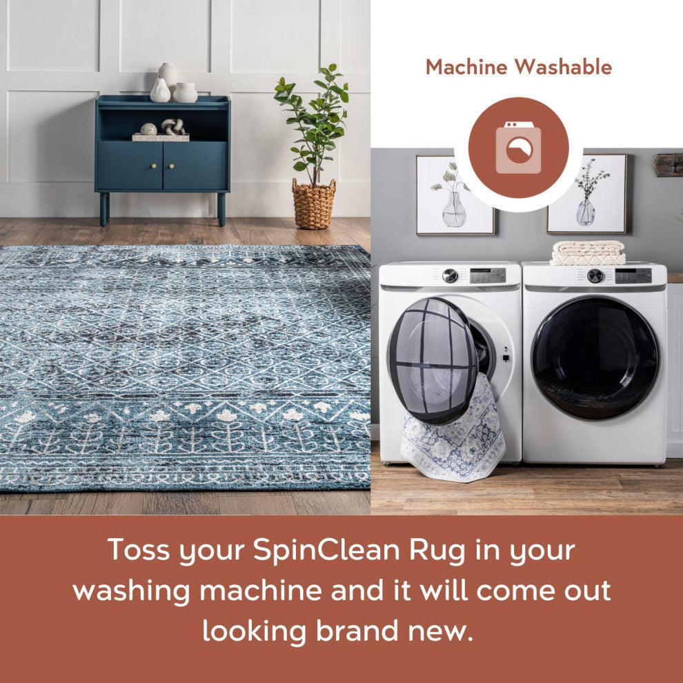 Nuloom Prestyn Machine Washable Faded Tribal Trellis Area Rug, Aqua 3'3"x5'